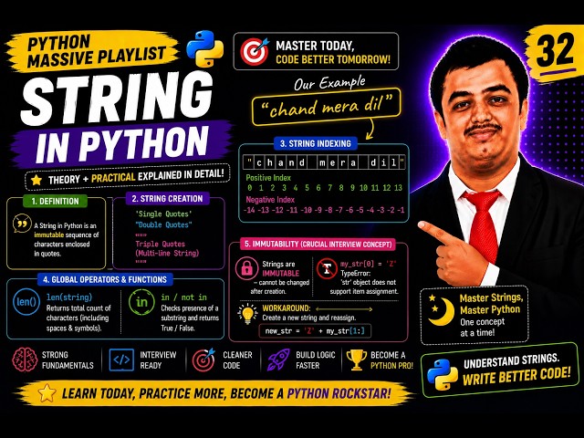 Python Video 32 string🐍 Python Strings Explained 🚀 | Indexing, Immutability, len(), in, not in