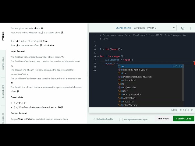 Hackerrank Python Solution #12 Sets - Python: Check Subset