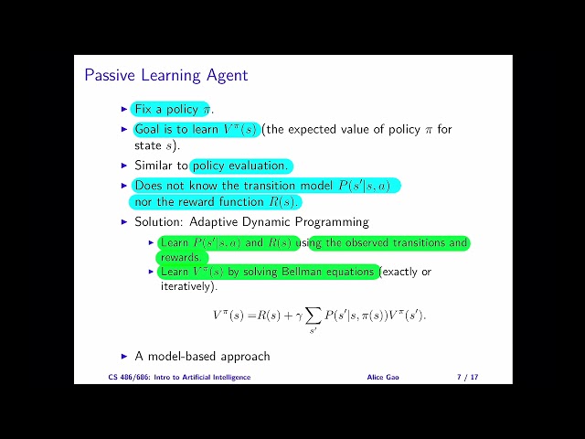 L20: Introducing Reinforcement Learning and the Passive ADP Algorithm