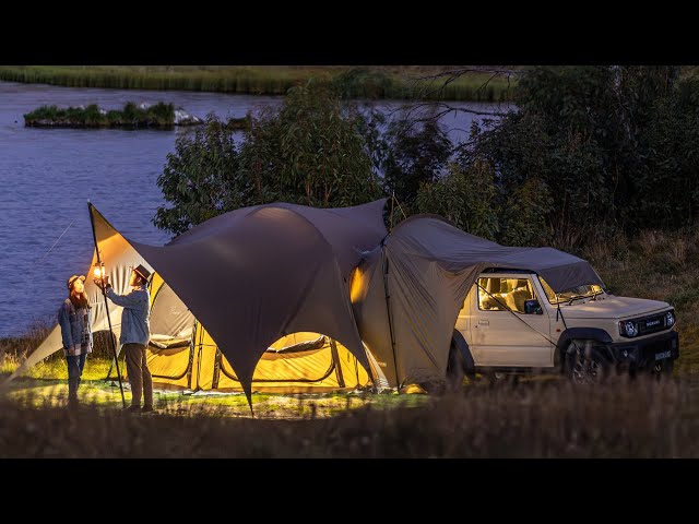 Lakeside Couple Camping with a Big Tent | Suzuki Jimny | Nature ASMR | Camp Cooking