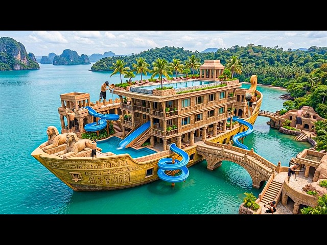 250 Days Building a 3-Story Floating Ship Waterpark with Multi-Level Slides Using Primitive Tools