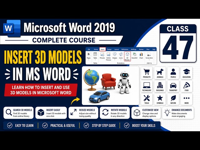 Class 47 | How to Insert 3D Models in Microsoft Word Microsoft Word 2019 Complete Course