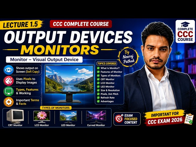 CCC Output Devices | Monitor Complete Notes | CRT, LCD, LED & Touch Screen | Working, Types