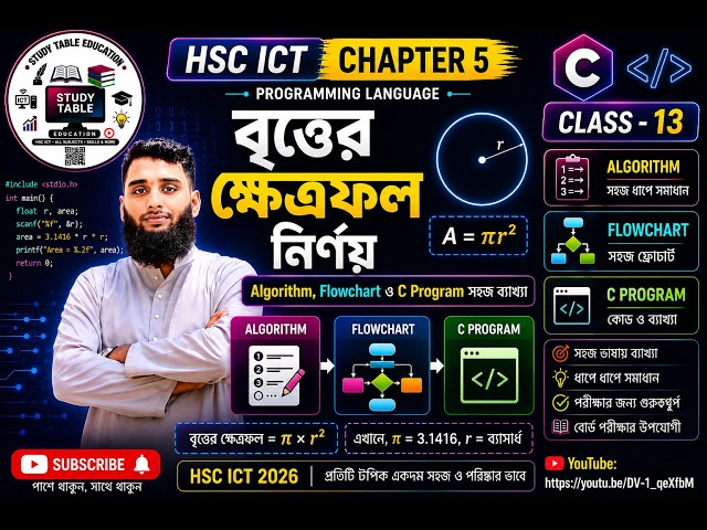 বৃত্তের ক্ষেত্রফল নির্ণয় | Class-13 | Algorithm, Flowchart ও C Program সহজ ব্যাখ্যা | HSC ICT -5