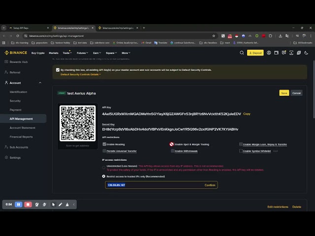 Binance API keys for a spot trading bot (Aerius Alpha)