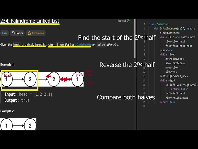 Leetcode 234. Linked List Palindrome 📌 Slow, Fast, Reverse, Compare — Check the Pair! 🎯