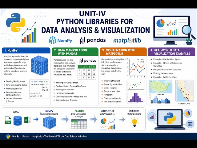 NumPy, Data Manipulation with Pandas, Visualization with Matplotlib, Real-World Data Visualization