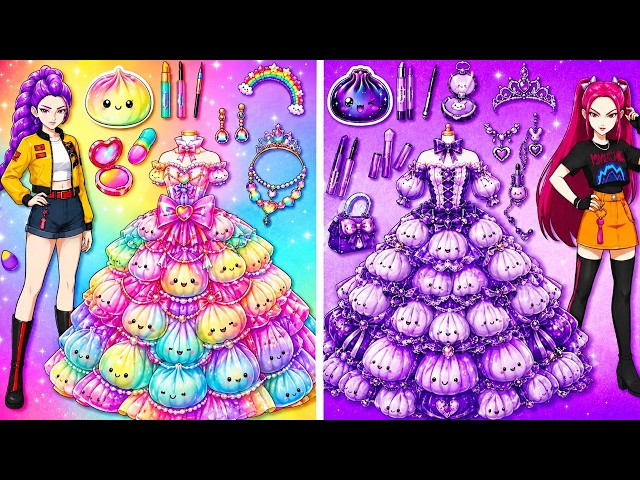 K-Pop Demon Hunters: Rainbow vs Purple Mermaid Huntrix Battle!  | Paper Dolls🥟‍Squishy Dumpling