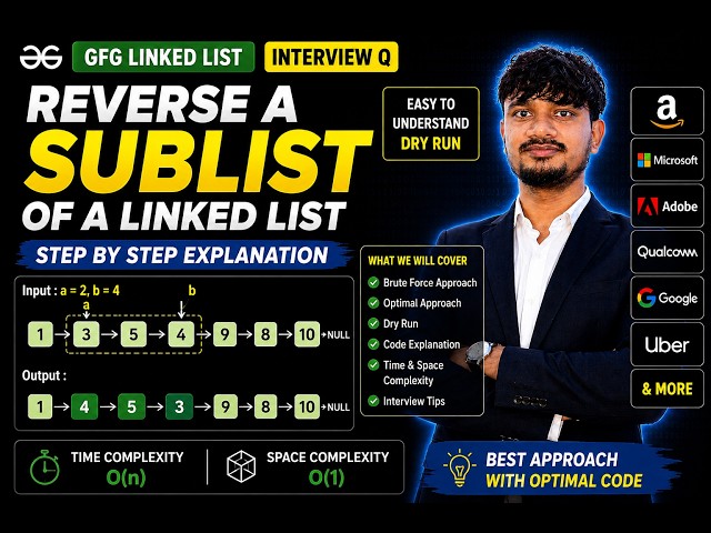 Reverse a Sublist of a Linked List | GFG Hard | Optimal O(1) Space | Java | Interview Explained
