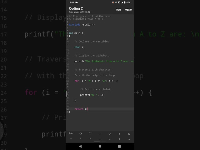 C Program of ABC Using for Loop #program #progamer #programming #ccodeschannel #ccodmobile #ccoding
