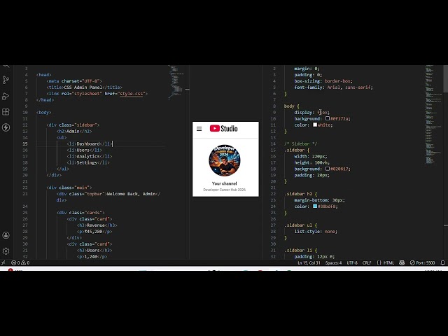 Built a clean Admin Dashboard using pure HTML + CSS