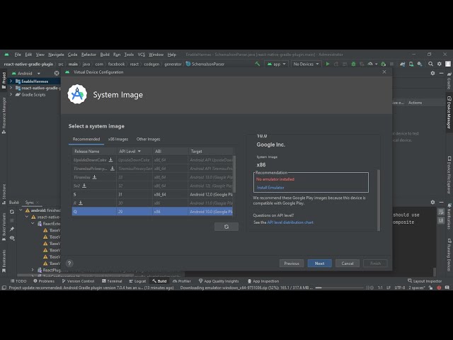 No Emulator Installed error in android studio react native fixed -  Device Manager SDK Manager