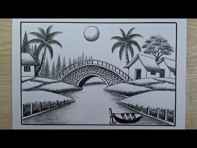 How to Draw Amazing Bridge Scenery | Beautiful River and Bridge Landscape Drawing by Pencil Sketch