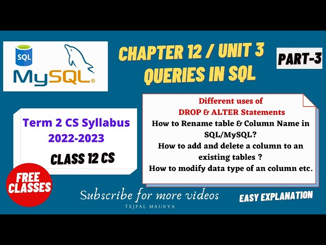 Chapter 12 Queries in SQL | Part 3 | Modifying Structure of A Table   | Alter command | Class 12 CS