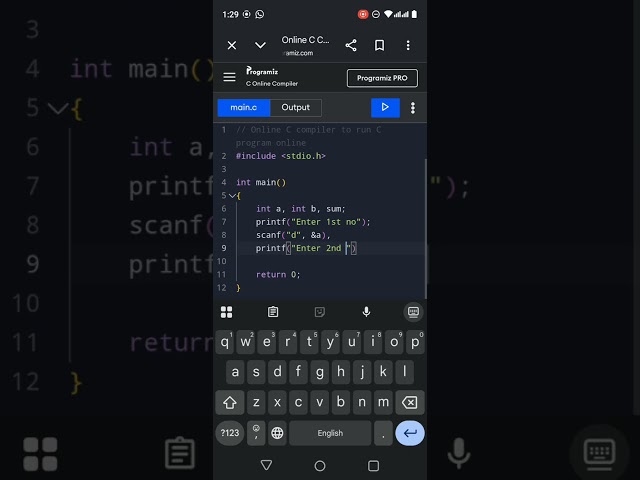 Simple C program/ A C  Program to add two numbers/ online C compiler/ programiz
