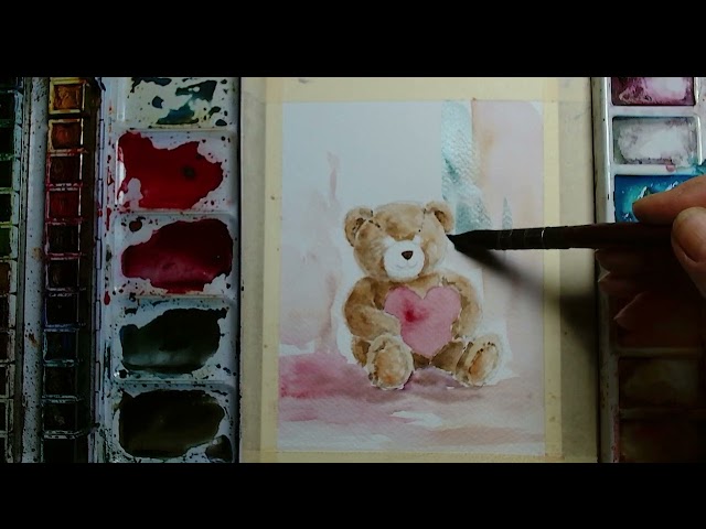 Watercolor Teddy Bear Holding Heart Tutorial for Beginners