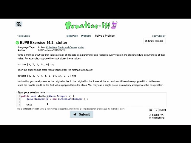 Java Practice It | Exercise 14.2: stutter | Collections, #stacks and #queues , stacks, queues