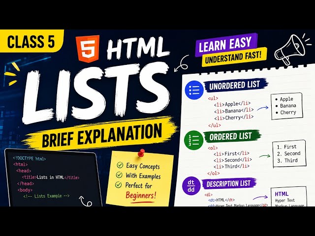 HTML Lists Tutorial in Telugu | Ordered, Unordered & Description Lists | HTML Class 5