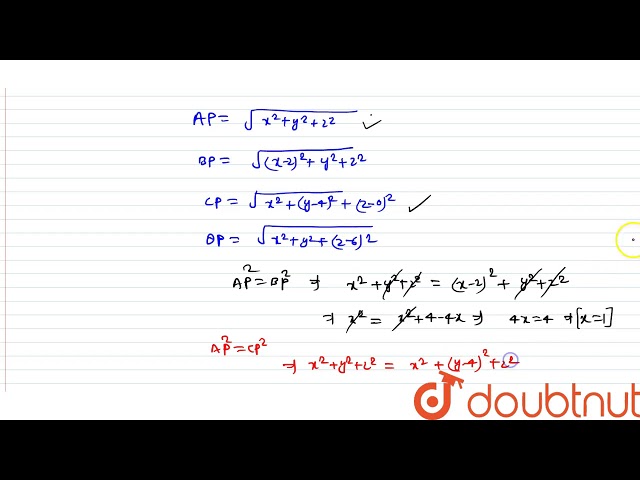 Find the coordinates of the point equidistant from the points `(0,0,0),(2,0,0),(0,4,0) and (0,0,6)`