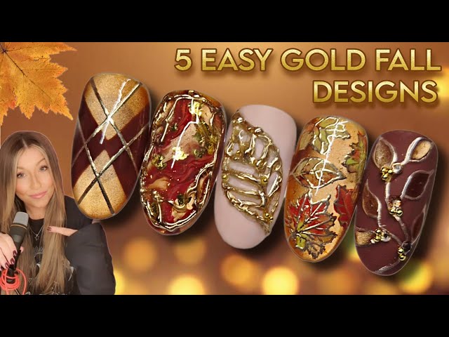 🍂 5 Super Easy Fall Nail Art Designs | Autumnal Gold Chrome, Leaf 🍁, Foil, & Marble Nails 