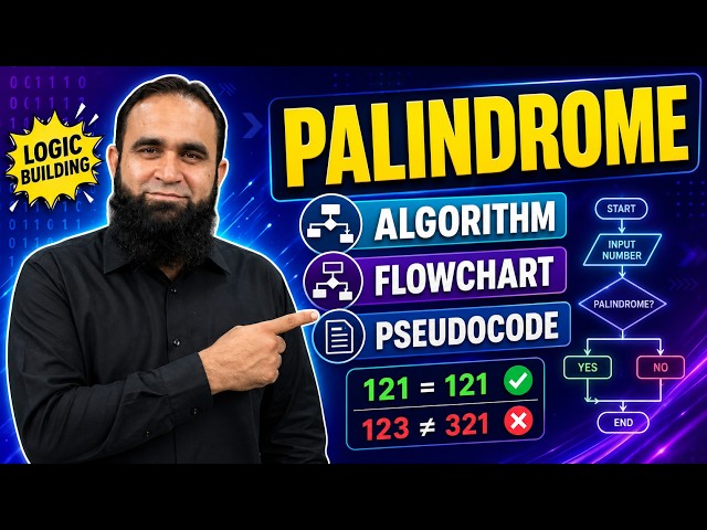 Palindrome Problem Solving | Algorithm, Flowchart & Pseudocode | Programming Fundamentals