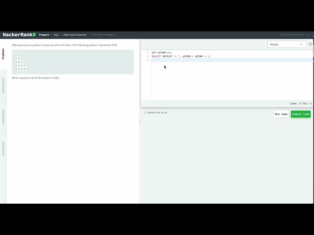 Hackerrank SQL Solution #3 Advanced SQL - Draw The Triangle 2