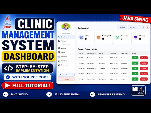 Clinic Management System Dashboard in Java Swing | Step-by-Step Tutorial with Source Code