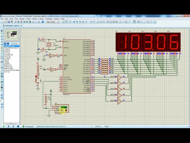 AT89C52 interfaces to a one wire DS18B20 digital thermometer