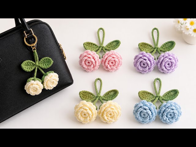 Crochet rose keychain step by step 🌹  So cute and easy 🌹 Beginner Friendly #crochet 