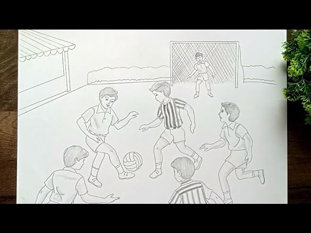 Easy scenery drawing of football match | Children playing football drawing | Football match drawing