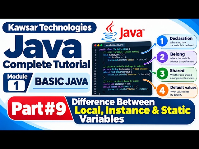 JAVA COMPLETE TUTORIAL 2026 | MODULE 1—BASIC JAVA | Difference b/w local, instance & static (PART 9)