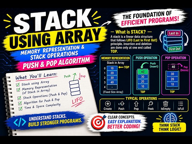 Lecture 31 Stack Using Array | Memory Representation & Stack Operations | PUSH & POP Algorithm | DSA