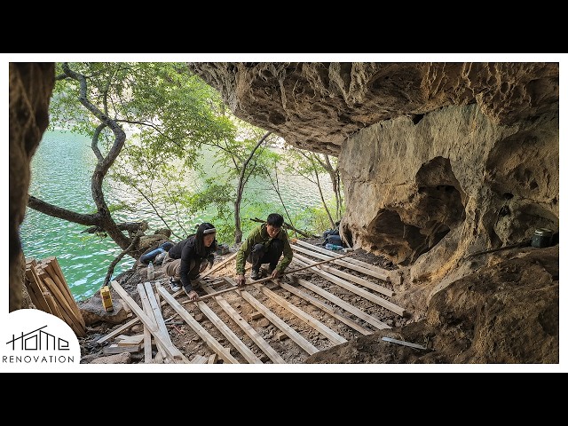 Building a House by the Vertical Cliff: Young Couple Hand-Crafts Wood and Builds a House by the R...