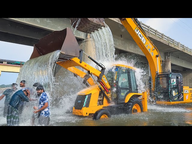 Washing JCB 215 Excavator and JCB 3DX with Driver take Blissful bath together in Thamirabarani River