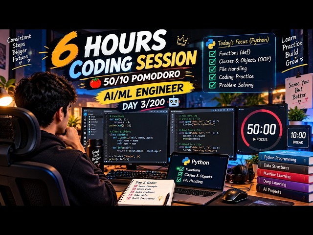 6 HOURS CODING SESSION 💻 | PYTHON FUNCTIONS, CLASSES, OBJECTS & FILE HANDLING | AI/ML ENGINEER — DA