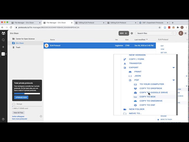 Integrating your protocols.io workspace with OSF