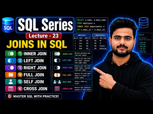 Lecture 23 : SQL JOINS Explained 🔥 INNER, LEFT, RIGHT, FULL, SELF & CROSS JOIN | SQL Joins Tutorial