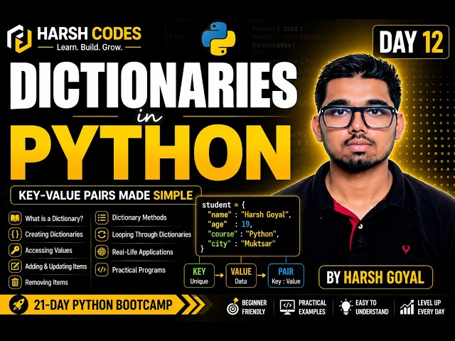 Python Tutorial for Beginners Day 12 | Dictionaries in Python(Key-Value Pairs & Methods) Harsh Codes