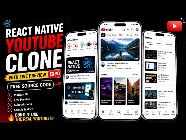React Native YouTube Clone with Live preview | Expo + Free Source Code