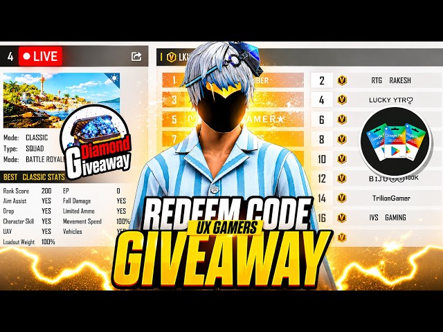 FREEFIRE LIVE REDEEM CODE GIVEAWAY||LIVE FF CUSTOM ROOM ||LIVE TEAMCODE GIVEAWAY|| DIAMOND GIVEAWAY