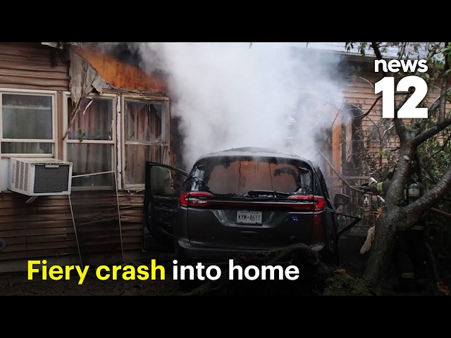 Car slams into Long Island home, bursts into flames on impact
