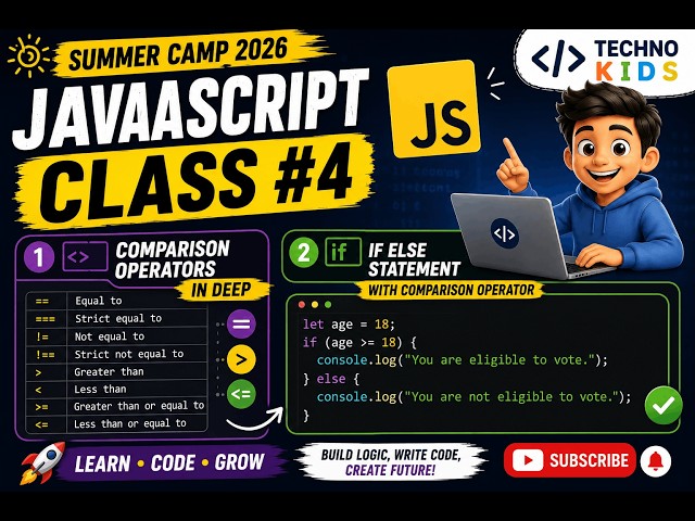 JavaScript for Beginners | Comparison Operators & If Else Statement Explained | Summer Camp Class 4