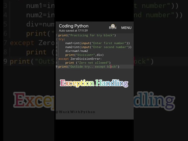 Use Try.. Except Block For Exception Handling #coding #pythoncoding #shorts  #youtubeshorts