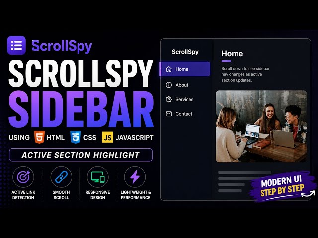 ScrollSpy Sidebar Using HTML CSS JavaScript | Active Menu on Scroll (Responsive UI)