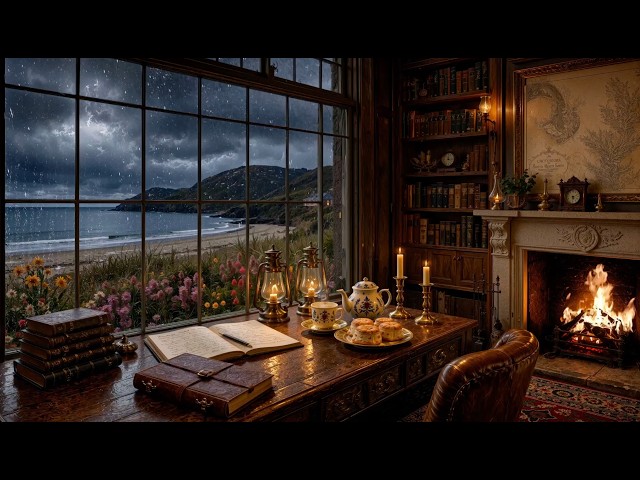 Cozy Scotland Library Ambience🌧️: Celtic Rainy Coast Scottish, Stormy Ocean & Fireplace 01 Streaming