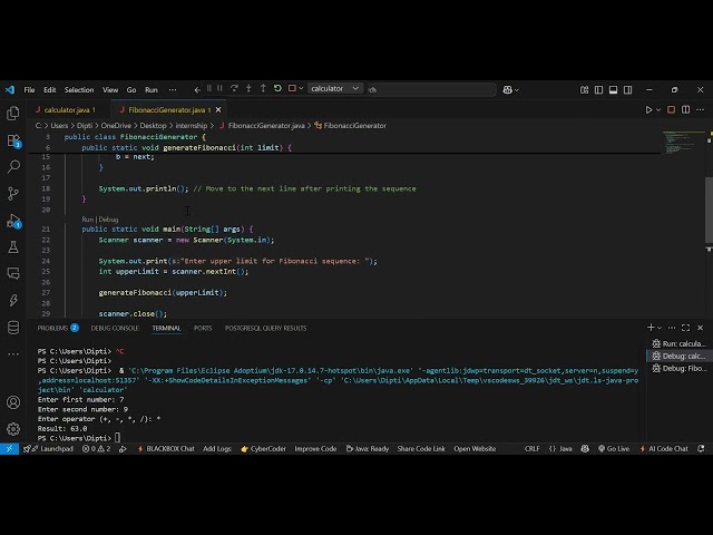Fibonacci Generator java   Visual Studio Code 2025