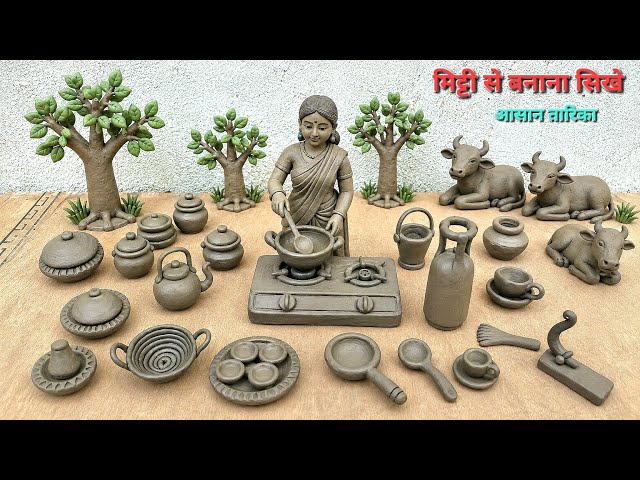 12 Cute kitchen set Diy | How to make miniature kitchen set mitti | all kitchen set mitti | cooking