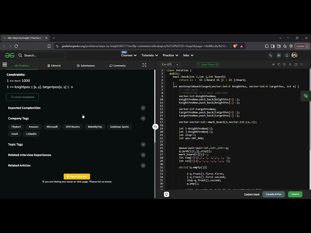 Min Steps by Knight | GFG Solution in C++ | BFS Shortest Path Explained
