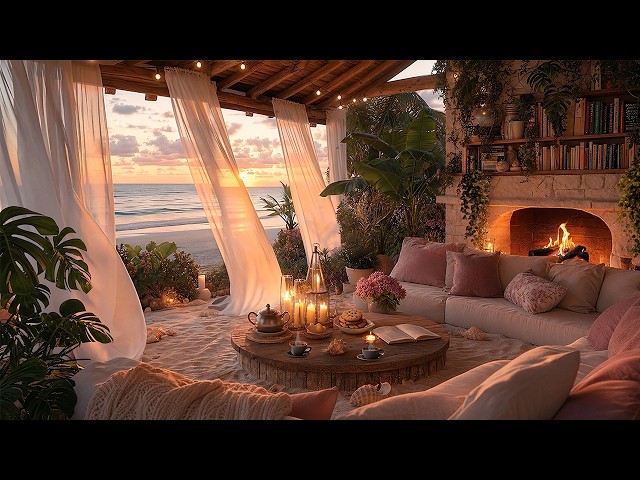 Someone Built a Library by the Ocean… 📚🔥🌊 | Waves & Crackling Fire for Deep Sleep