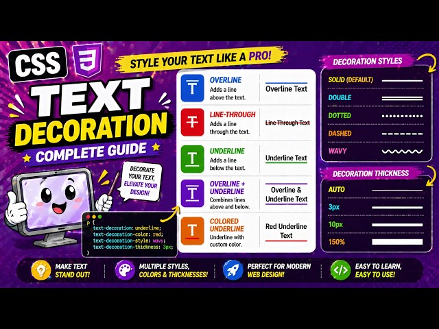 CSS || TEXT DECORATION - TYPE, STYLE, COLOR, THICKNESS || TUTORIAL.